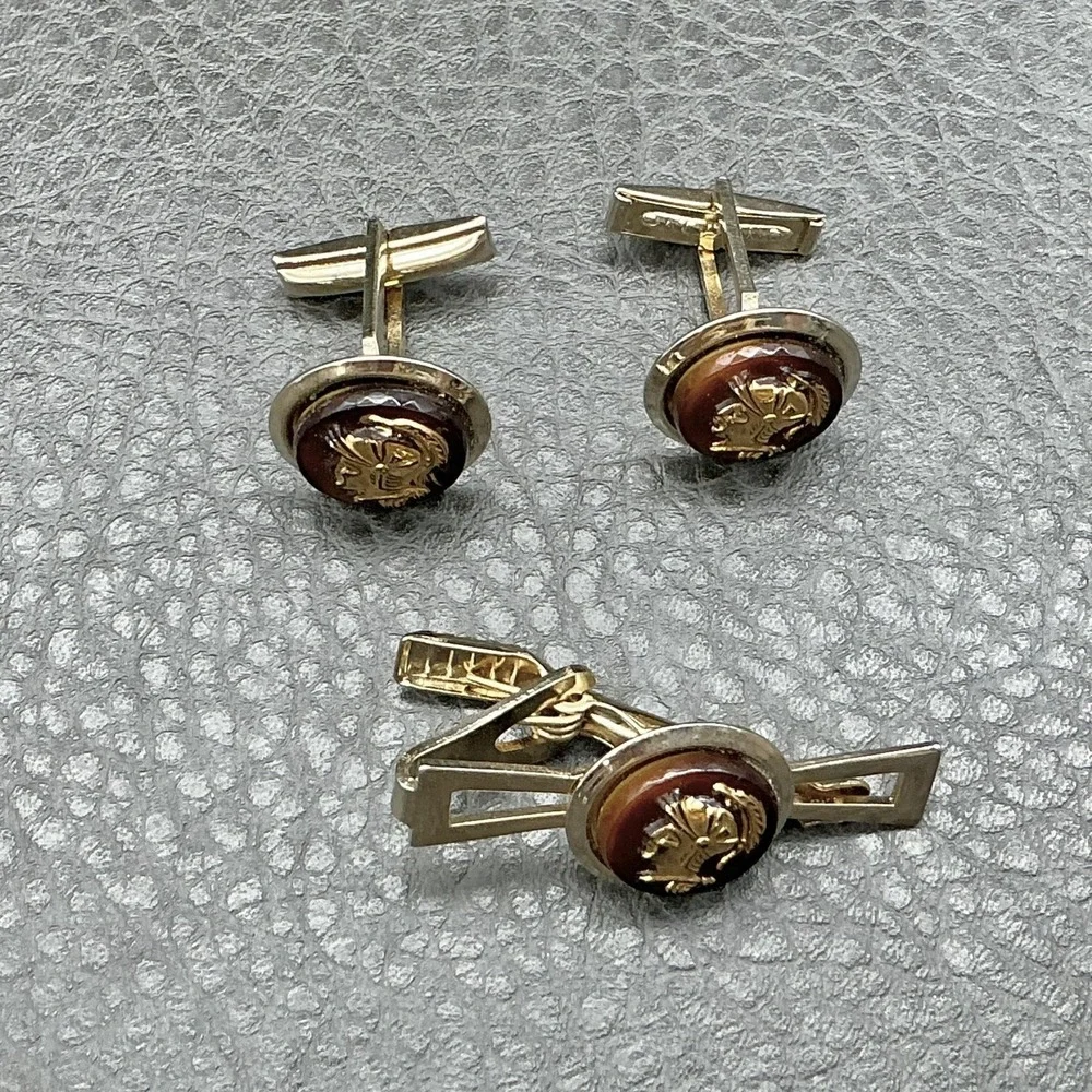 Vintage Mens Roman Warrior Cufflinks Tie Bar Set Gold Tone Brown Cameo Cabochon